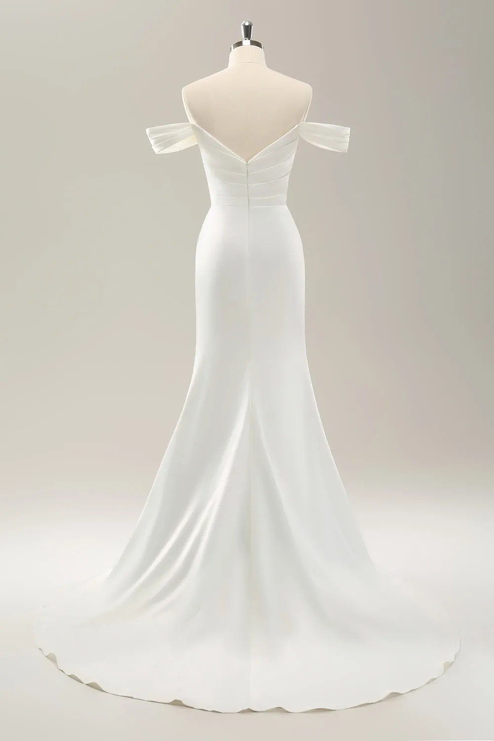 White Mermaid Off The Shoulder Pleated Satin Wedding Dress with Slit sold by Zapaka product image thumbnail 2
