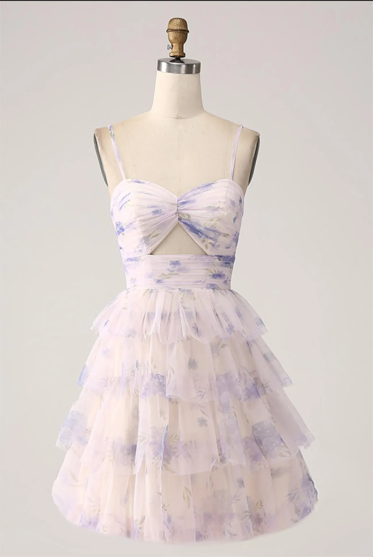 Lavender Flower A Line Spaghetti Straps Tiered Pleated Short Homecoming Dress sold by Zapaka product image thumbnail 4