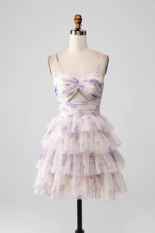 Lavender Flower A Line Spaghetti Straps Tiered Pleated Short Homecoming Dress sold by Zapaka