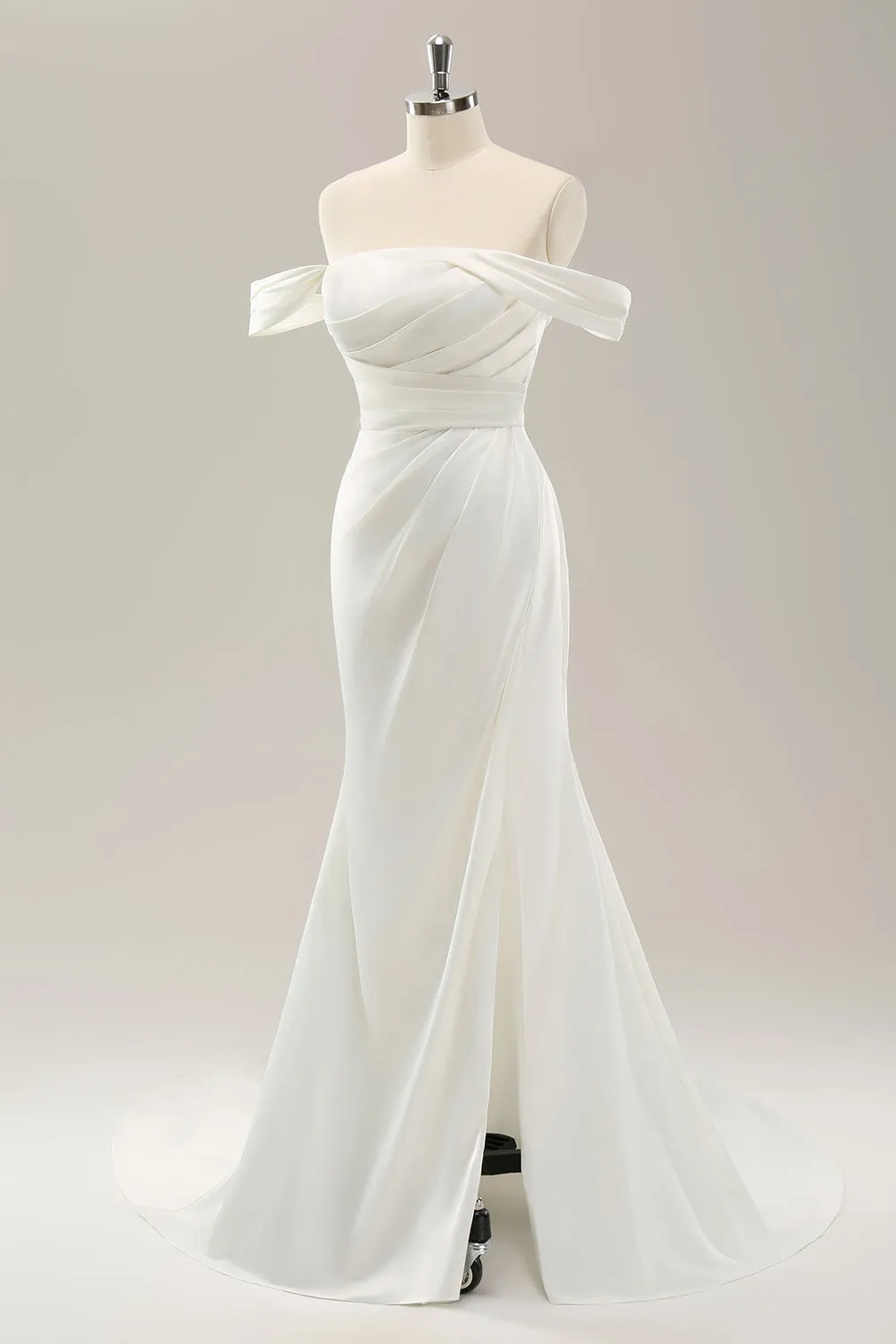 White Mermaid Off The Shoulder Pleated Satin Wedding Dress with Slit sold by Zapaka product image thumbnail 3