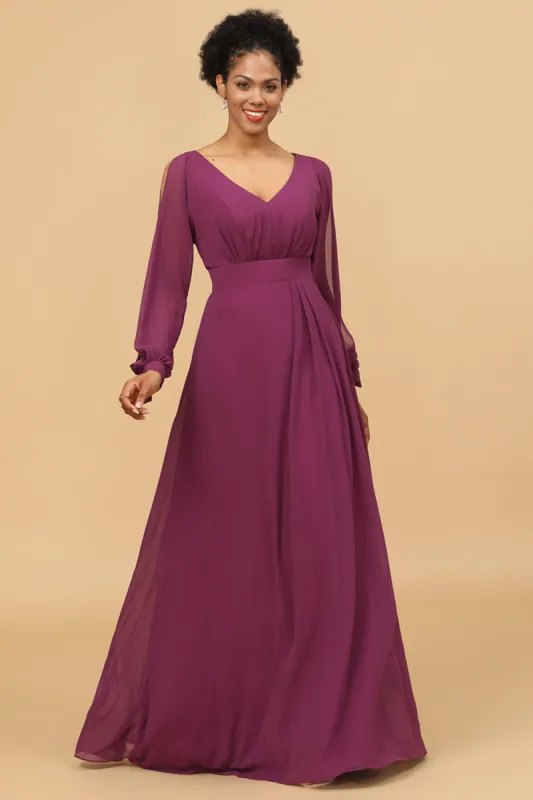 Purple Long Sleeves Cold Shoulder Bridesmaid Dress sold by Zapaka