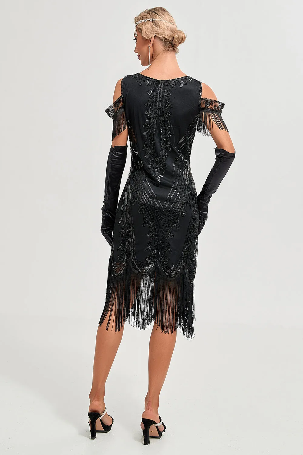 Glitter Black Cold Shoulder Sequins Fringes 1920s Gatsby Dress with Accessories Set sold by Zapaka product image thumbnail 2