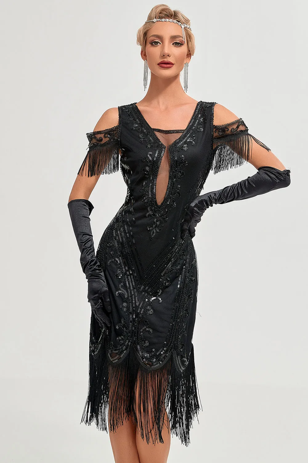 Glitter Black Cold Shoulder Sequins Fringes 1920s Gatsby Dress with Accessories Set sold by Zapaka product image thumbnail 4