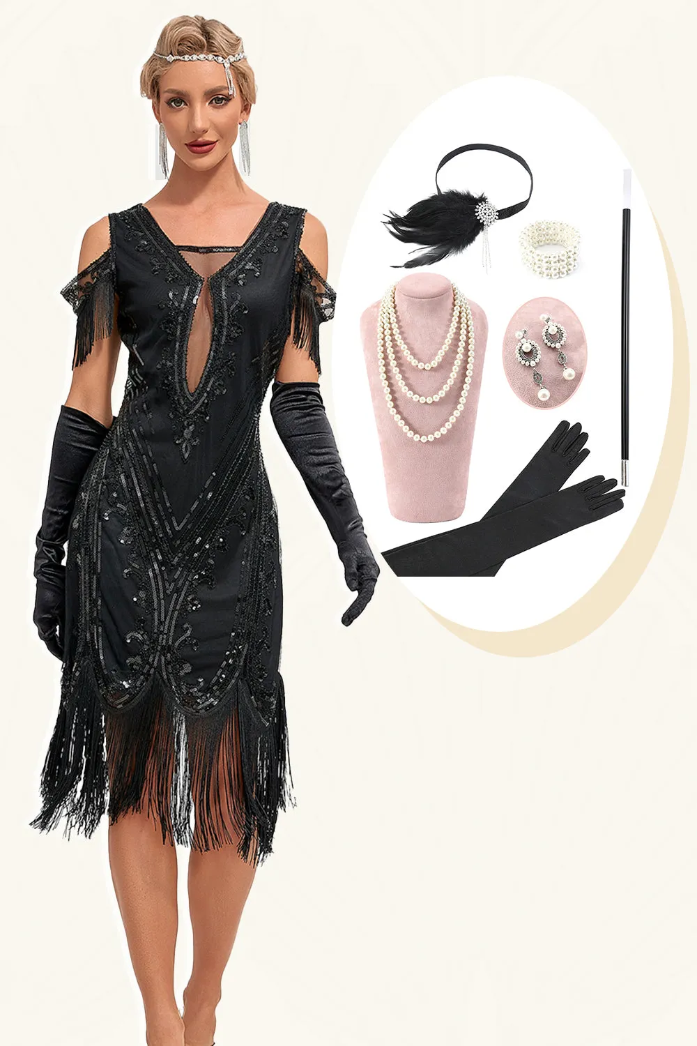 Glitter Black Cold Shoulder Sequins Fringes 1920s Gatsby Dress with Accessories Set sold by Zapaka