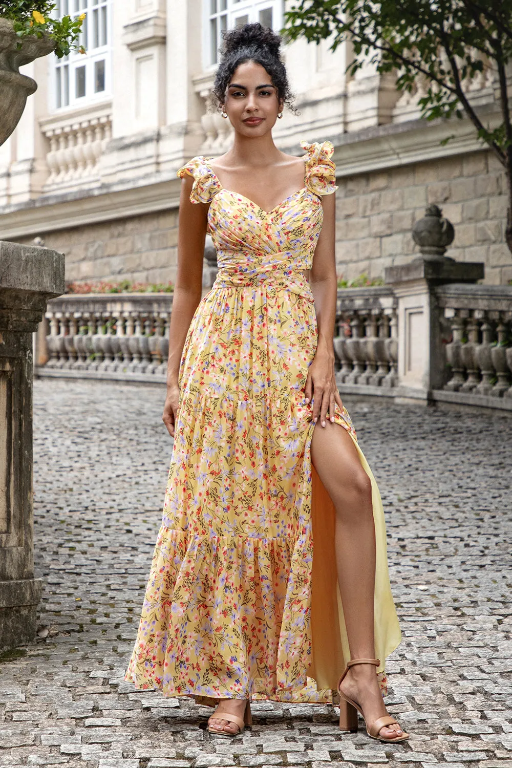 Yellow Flower A Line V Neck Print Pleated Wedding Guest Dress with Slit sold by Zapaka
