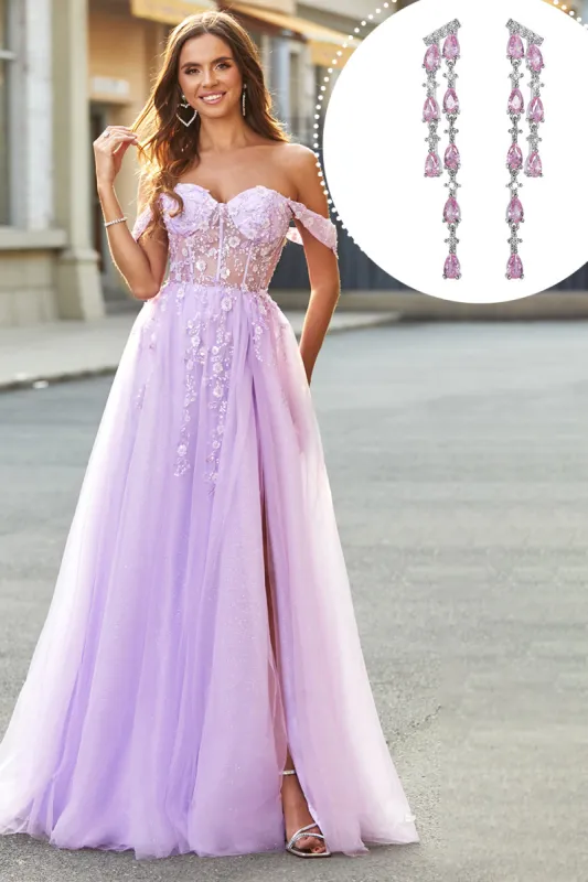 Off the Shoulder Appliques Tulle Corset Prom Dress with Accessory sold by Zapaka