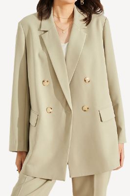 Khaki Double Breasted Notched Lapel Women Blazer made by Zapaka