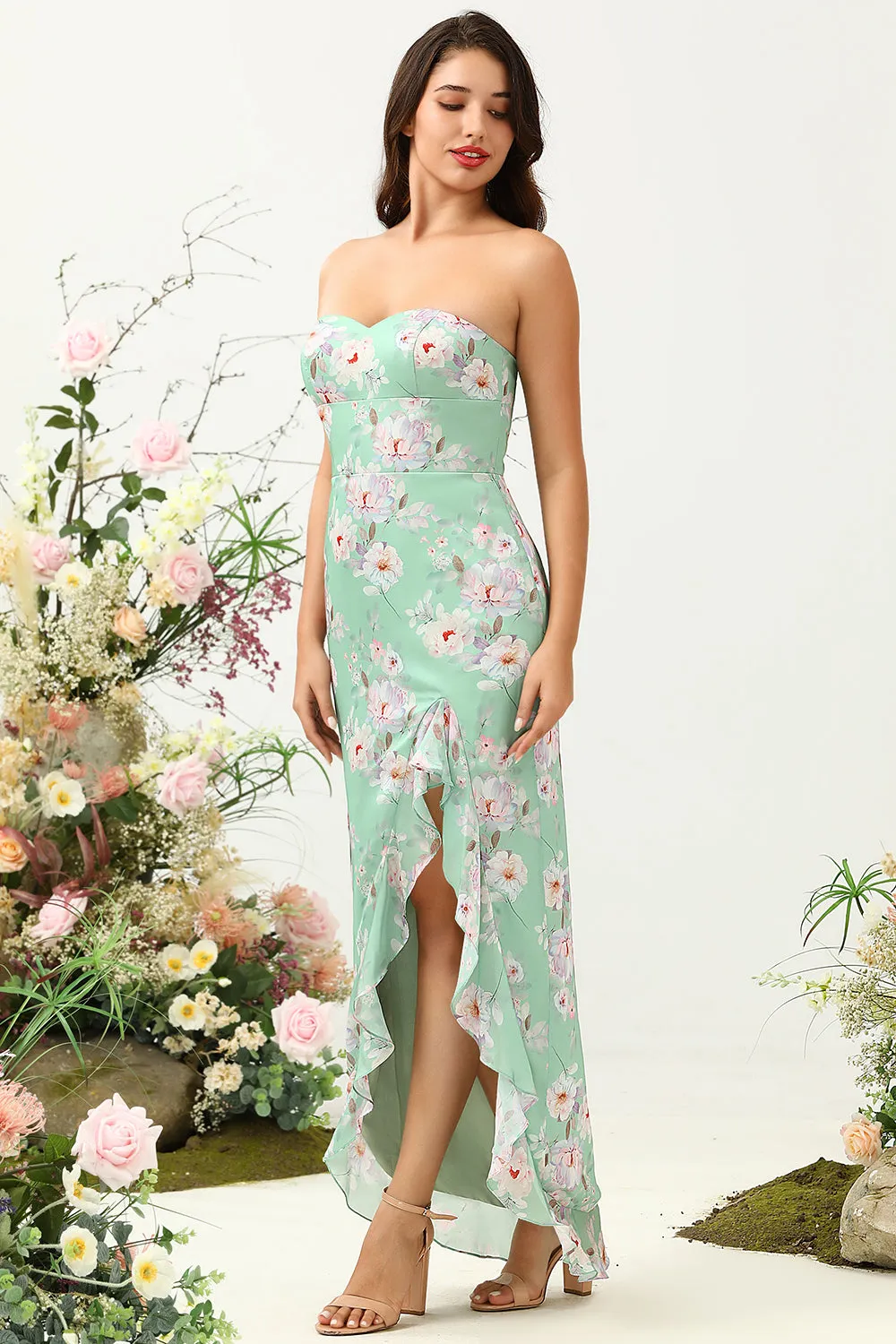 Sheath Spaghetti Straps Light Green Floral Printed Bridesmaid Dress with Split Front sold by Zapaka product image thumbnail 3