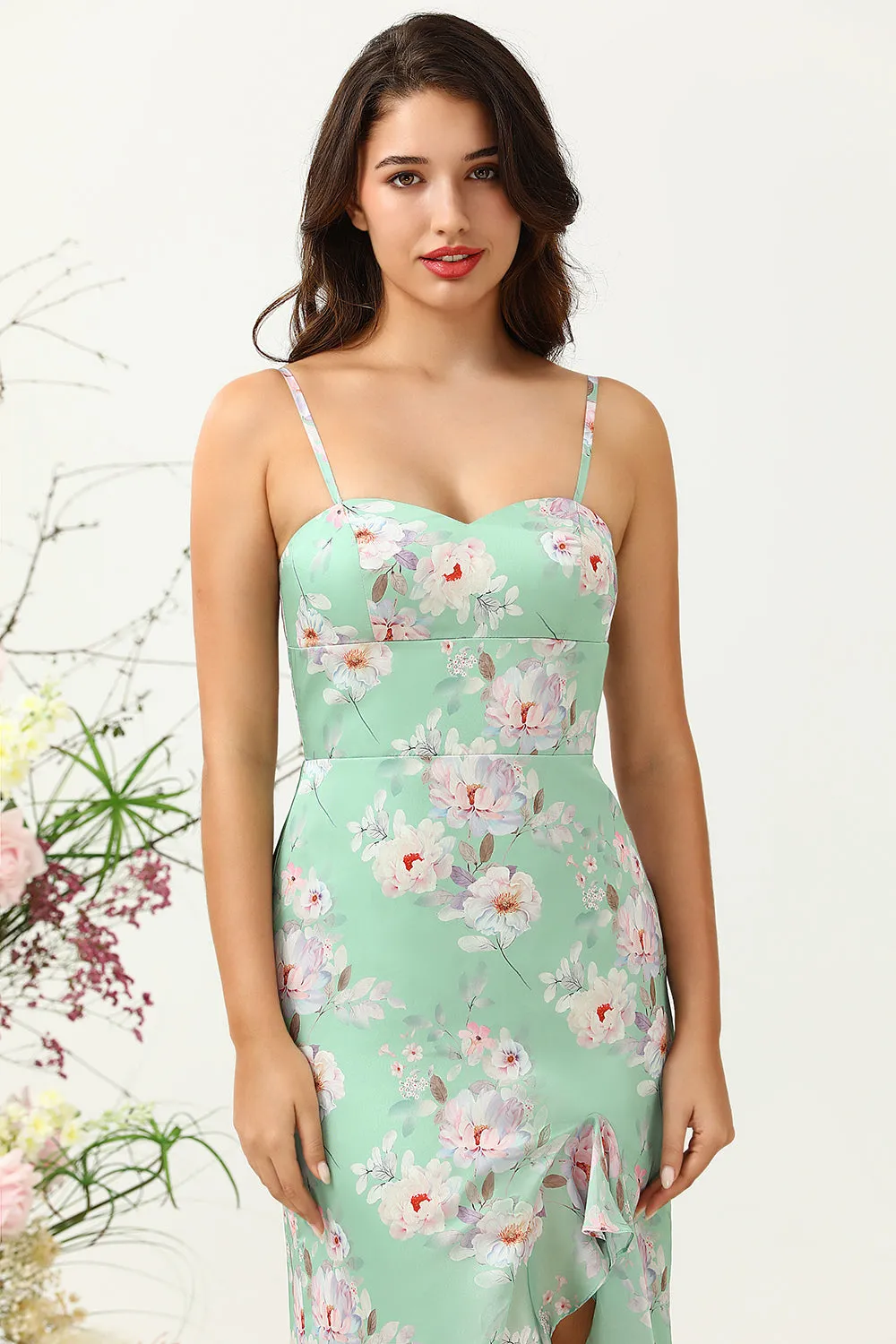 Sheath Spaghetti Straps Light Green Floral Printed Bridesmaid Dress with Split Front sold by Zapaka product image thumbnail 5