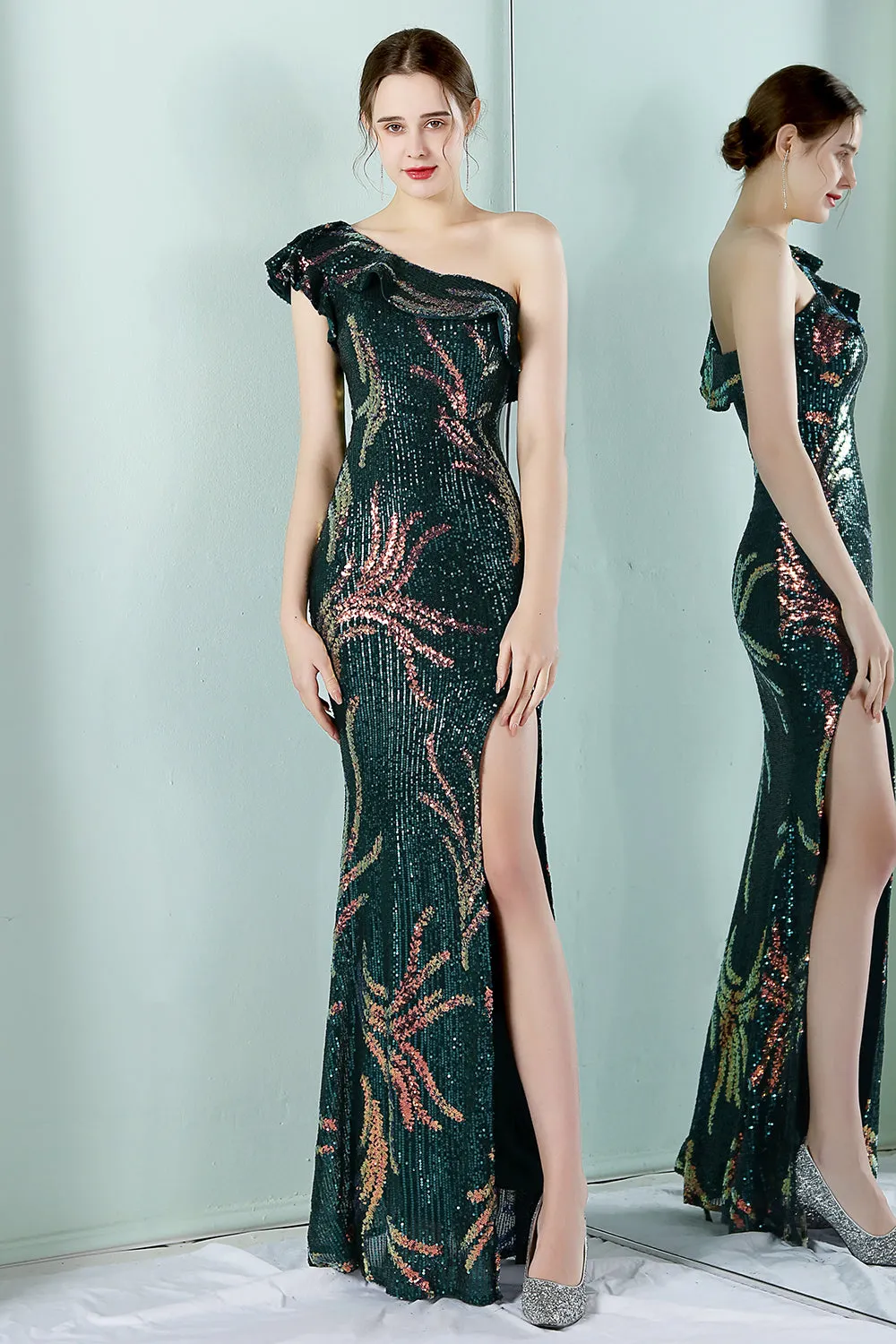 One Shoulder Dark Green Sequined Evening Dress sold by Zapaka