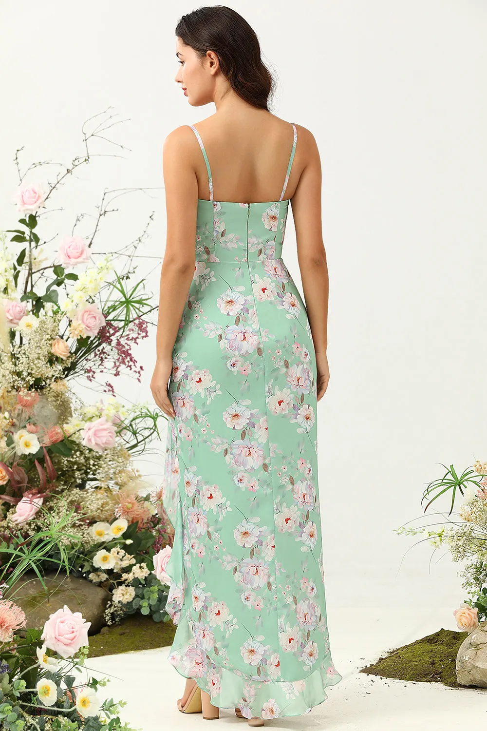 Sheath Spaghetti Straps Light Green Floral Printed Bridesmaid Dress with Split Front sold by Zapaka product image thumbnail 2