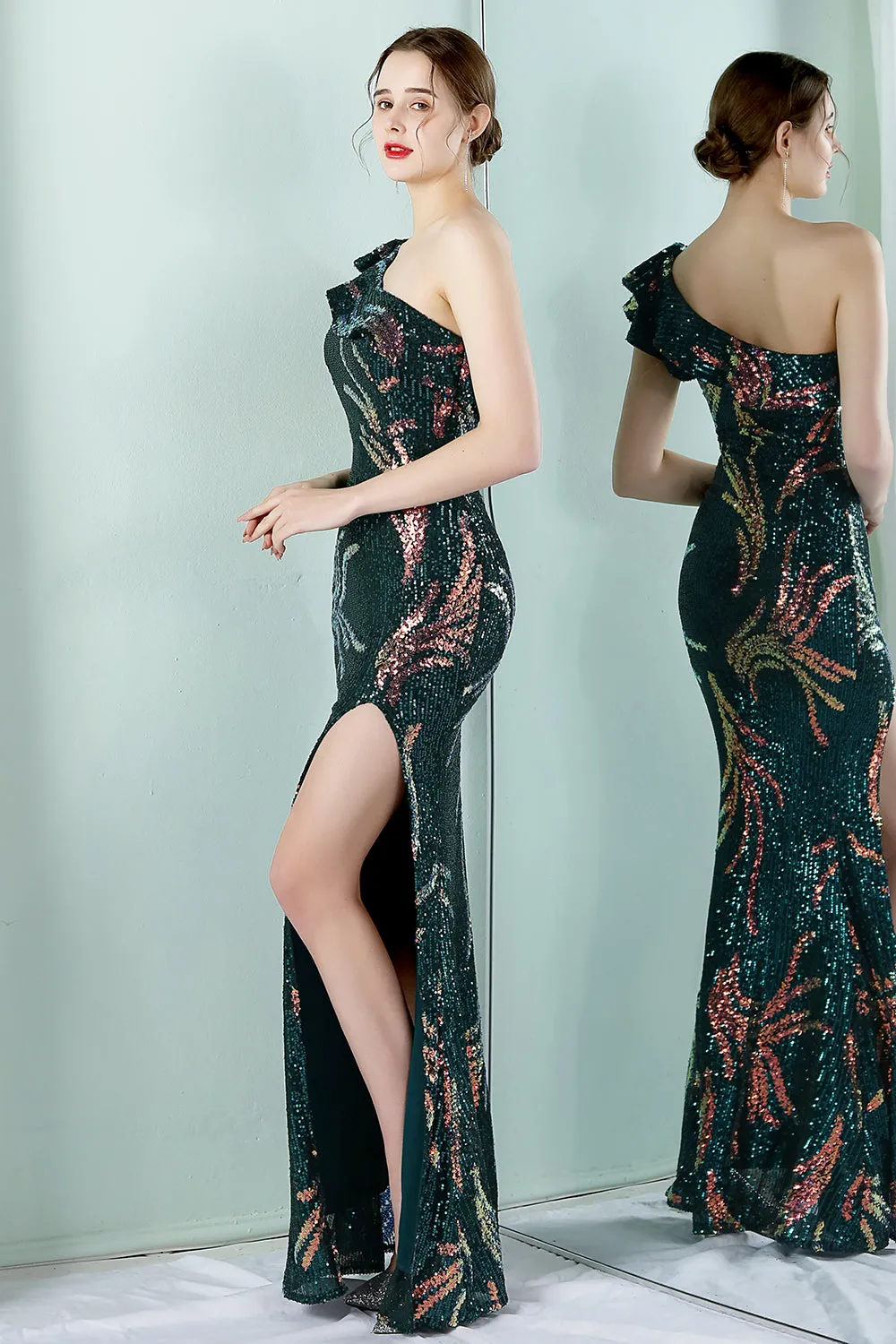 One Shoulder Dark Green Sequined Evening Dress sold by Zapaka product image thumbnail 5