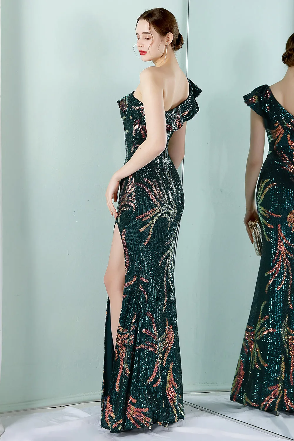 One Shoulder Dark Green Sequined Evening Dress sold by Zapaka product image thumbnail 2