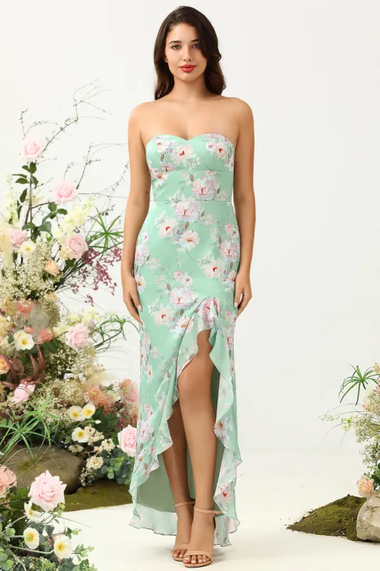 Sheath Spaghetti Straps Light Green Floral Printed Bridesmaid Dress with Split Front sold by Zapaka