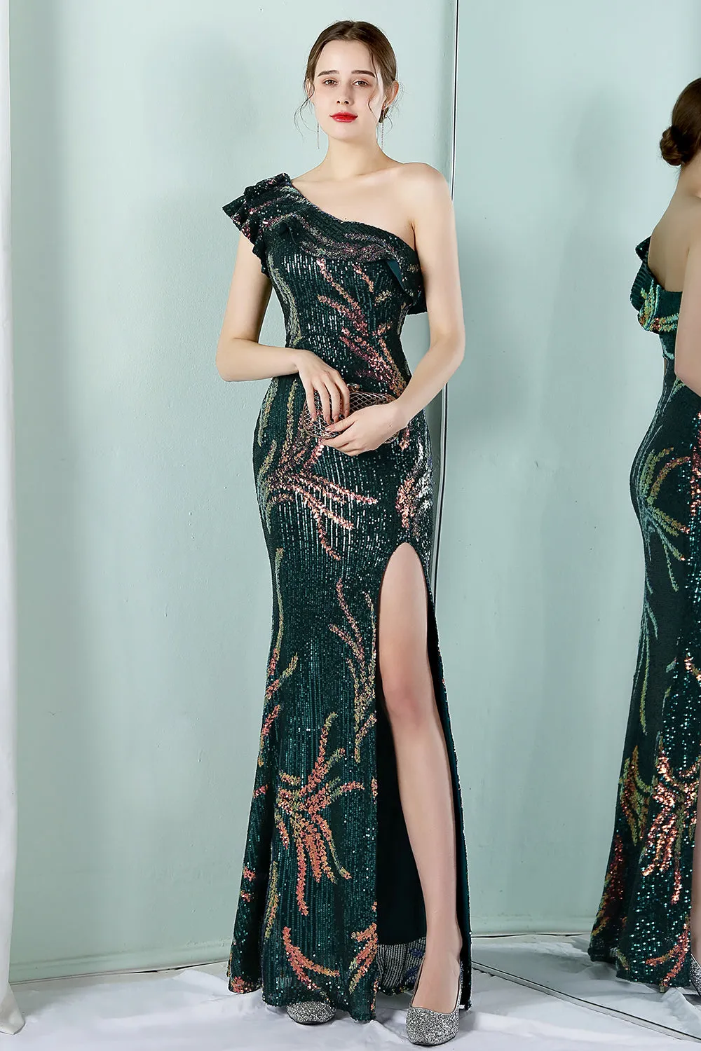 One Shoulder Dark Green Sequined Evening Dress sold by Zapaka product image thumbnail 3