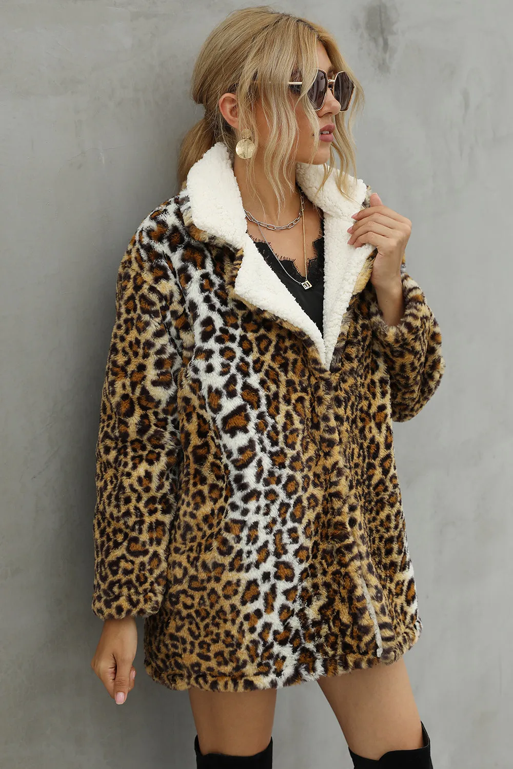 Brown Loepard Fluffy Midi Faux Fur Shearling Coat sold by Zapaka product image thumbnail 3