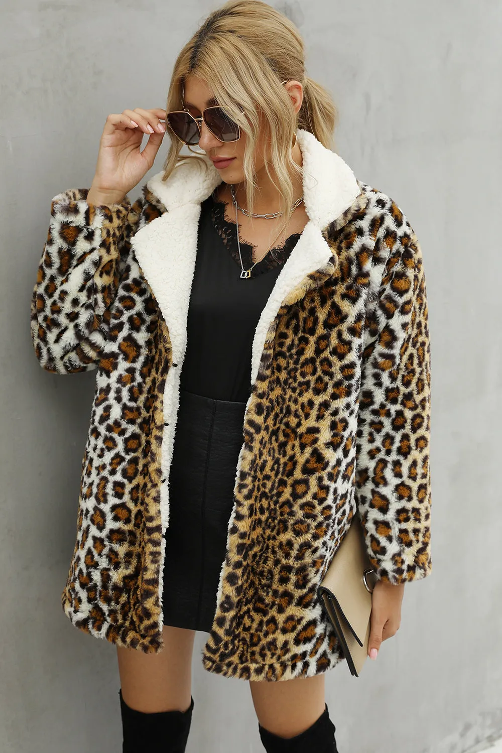 Brown Loepard Fluffy Midi Faux Fur Shearling Coat sold by Zapaka product image thumbnail 4