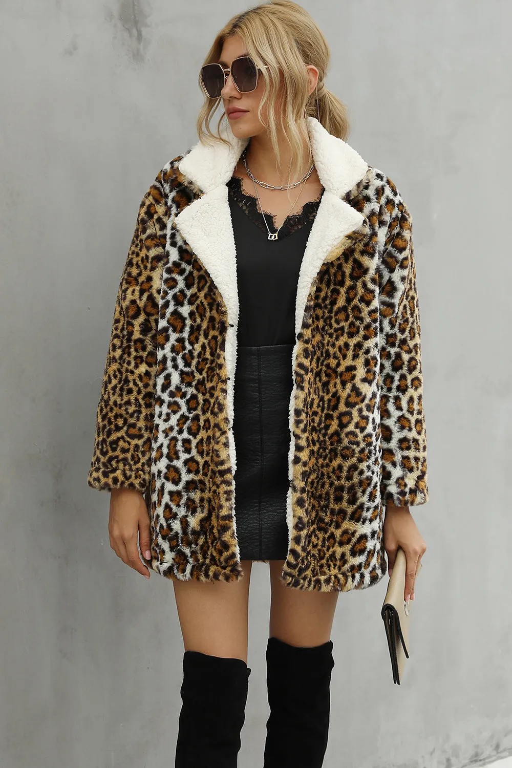 Brown Loepard Fluffy Midi Faux Fur Shearling Coat sold by Zapaka