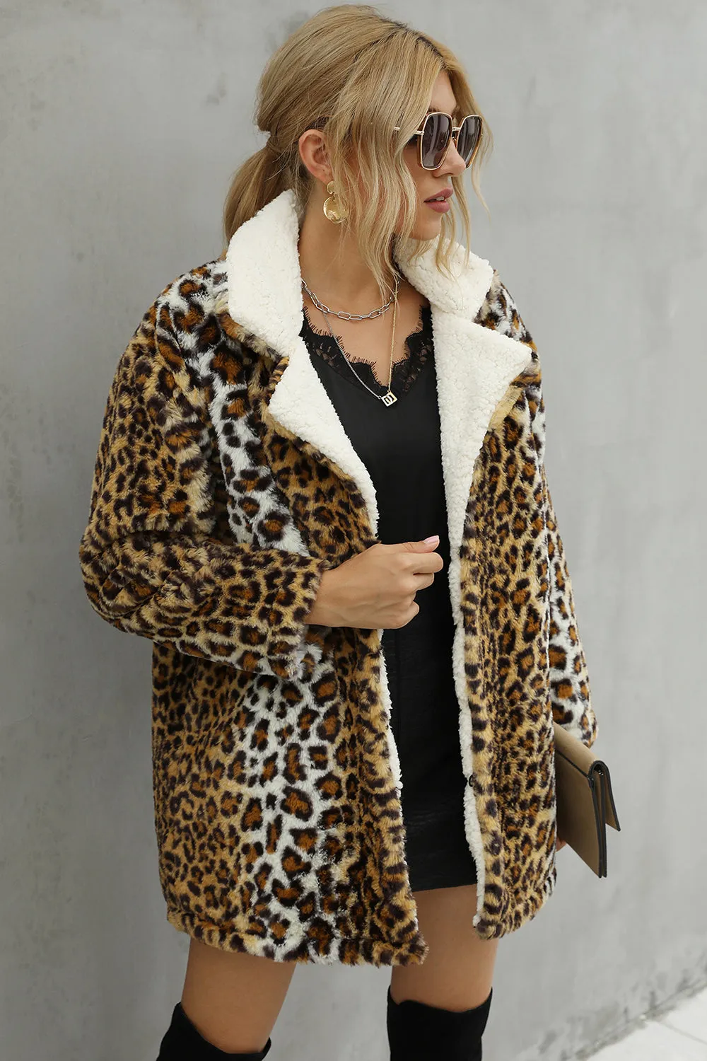 Brown Loepard Fluffy Midi Faux Fur Shearling Coat sold by Zapaka product image thumbnail 5