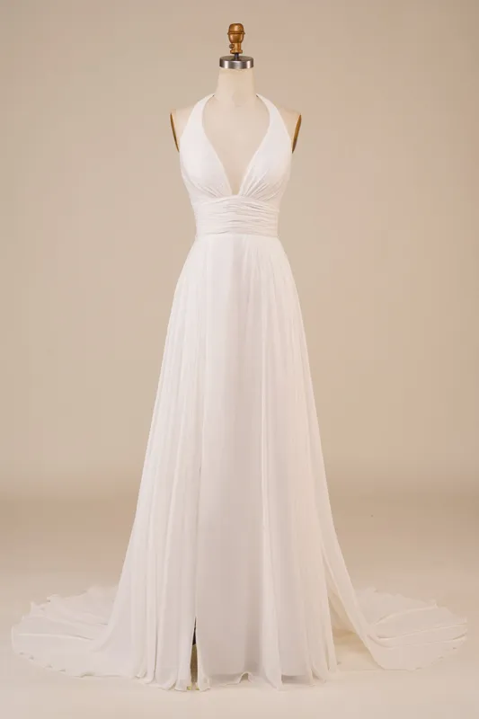 A-Line Halter Ivory Sweep Train Wedding Dress with Slit sold by Zapaka