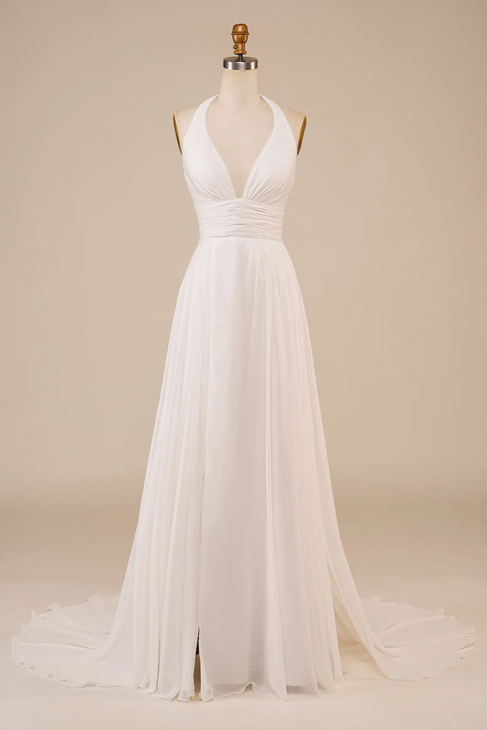A-Line Halter Ivory Sweep Train Wedding Dress with Slit sold by Zapaka