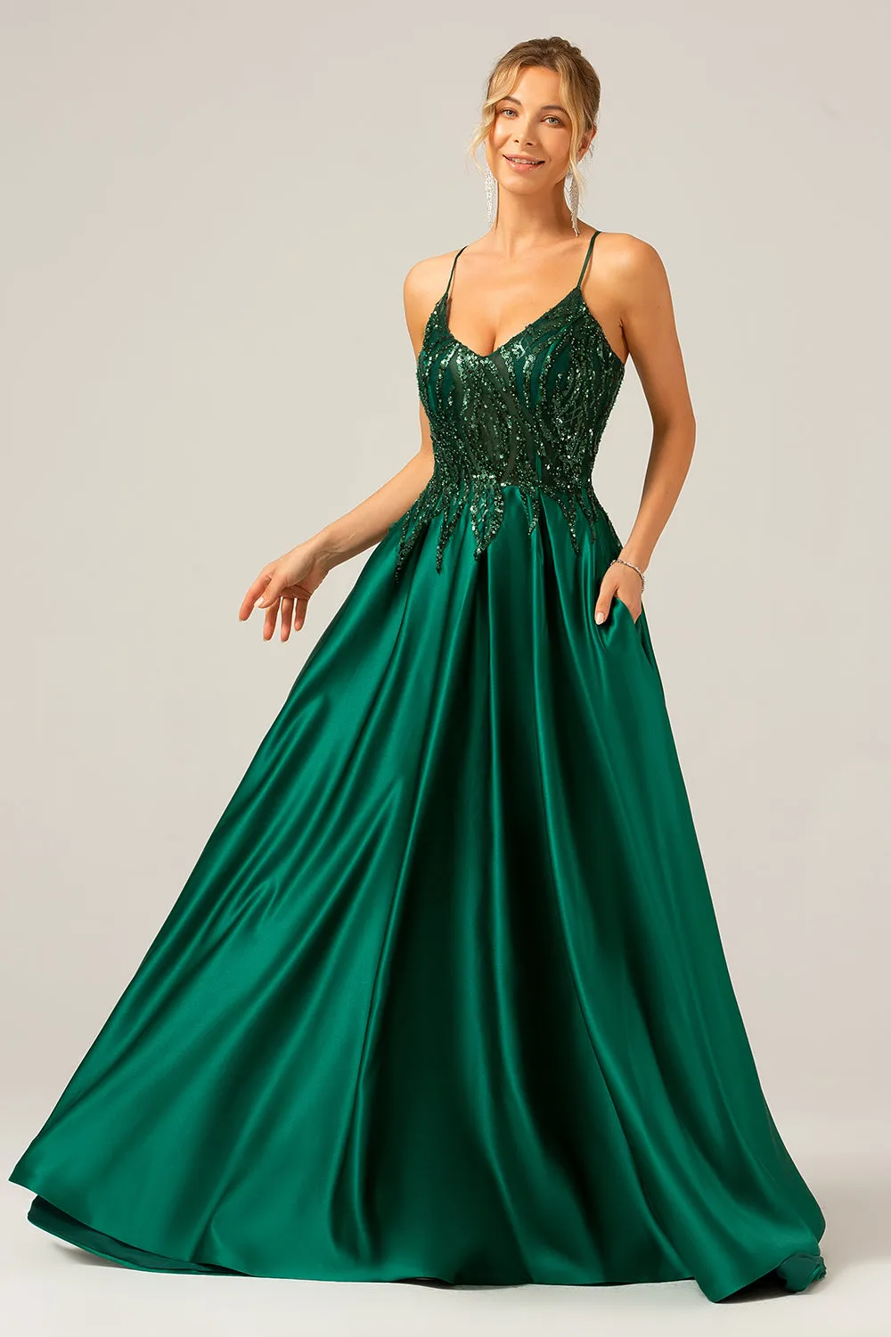 Sparkly Dark Green A-Line Spaghetti Straps Long Prom Dress with Pockets sold by Zapaka