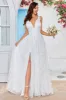 Beauty A Line V-Neck Ivory Lace Long Wedding Dress with Slit sold by Zapaka