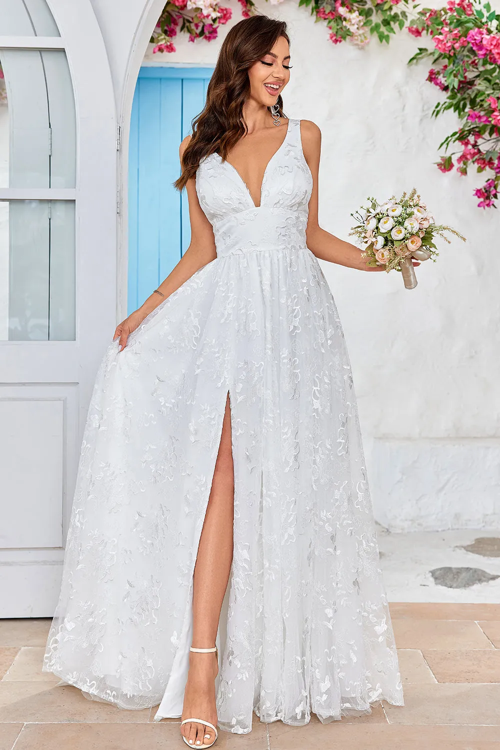 Beauty A Line V-Neck Ivory Lace Long Wedding Dress with Slit sold by Zapaka product image thumbnail 3