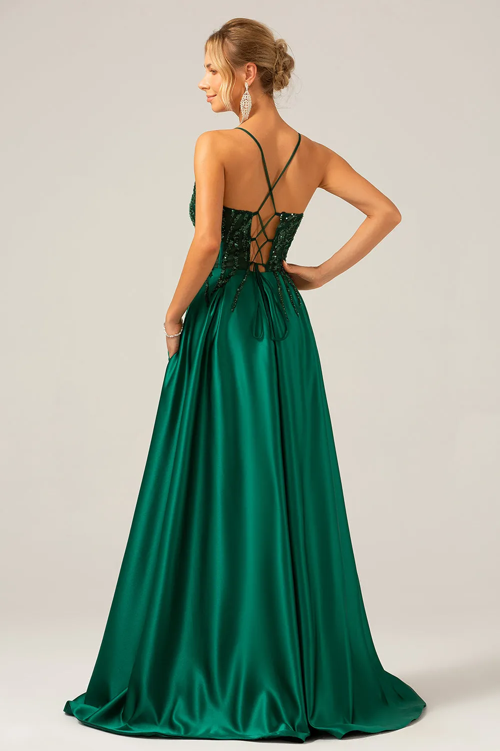Sparkly Dark Green A-Line Spaghetti Straps Long Prom Dress with Pockets sold by Zapaka product image thumbnail 2