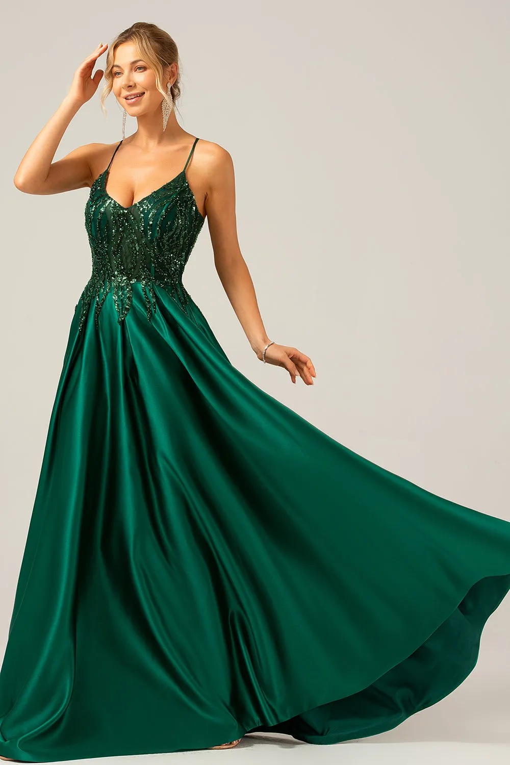 Sparkly Dark Green A-Line Spaghetti Straps Long Prom Dress with Pockets sold by Zapaka product image thumbnail 5