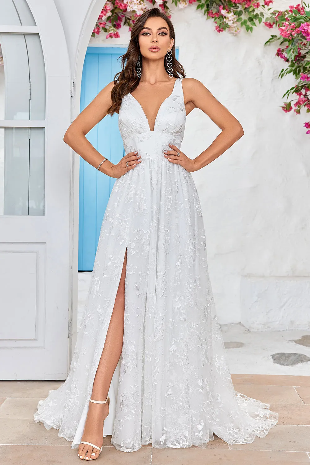 Beauty A Line V-Neck Ivory Lace Long Wedding Dress with Slit sold by Zapaka
