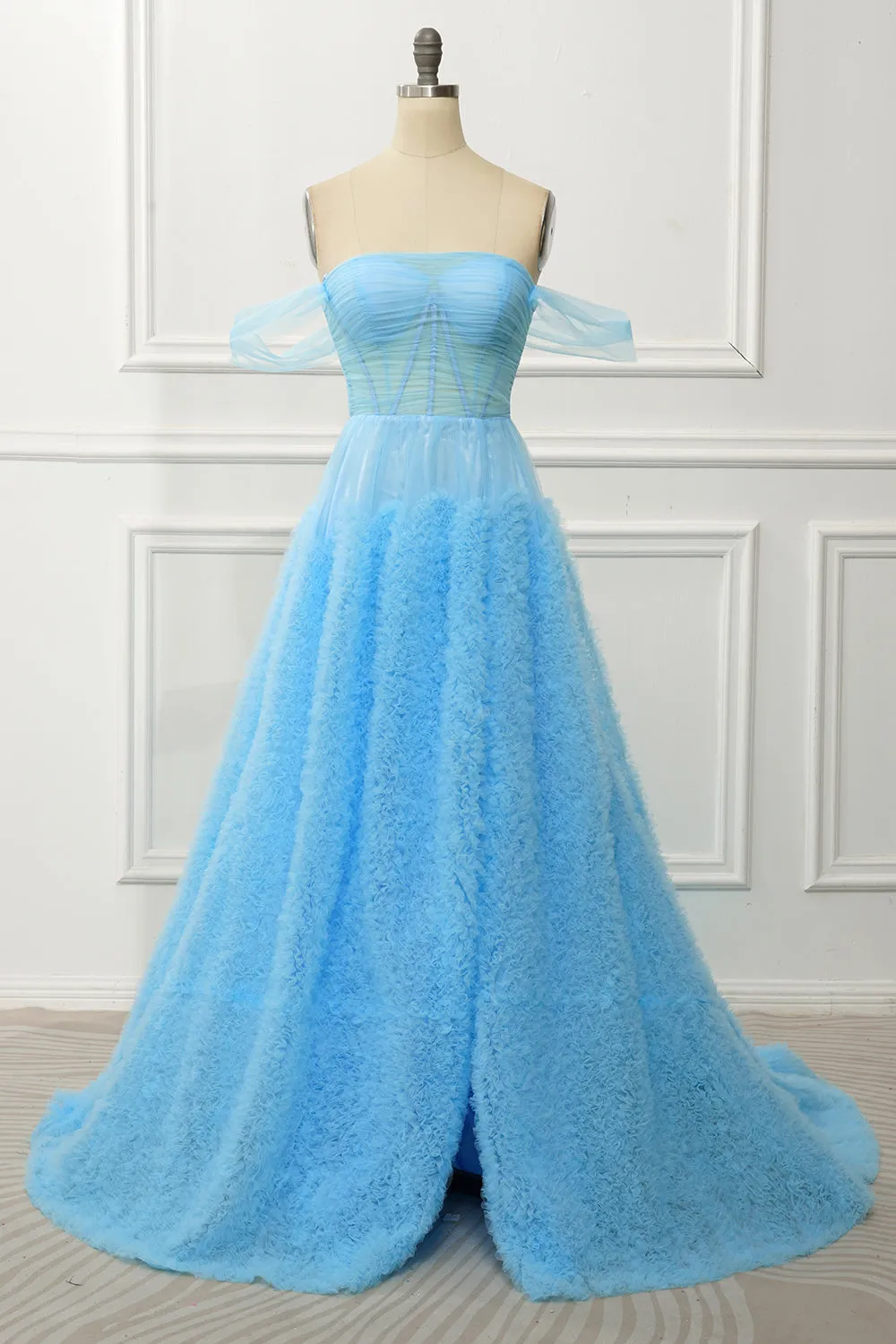 A Line Off the Shoulder Blue Corset Prom Dress with Ruffled sold by Zapaka