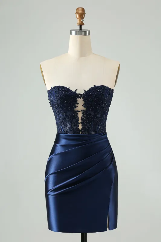 Unique Sparkly Navy Bodycon Strapless Hollow Out Homecoming Dress with Lace made by Zapaka