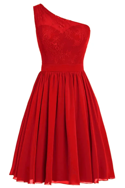 One Shoulder Red Homecoming Dress with Lace sold by Zapaka