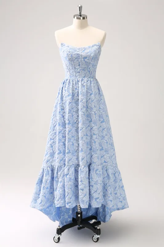Blue Floral Strapless A-Line High Low Bridesmaid Dress sold by Zapaka