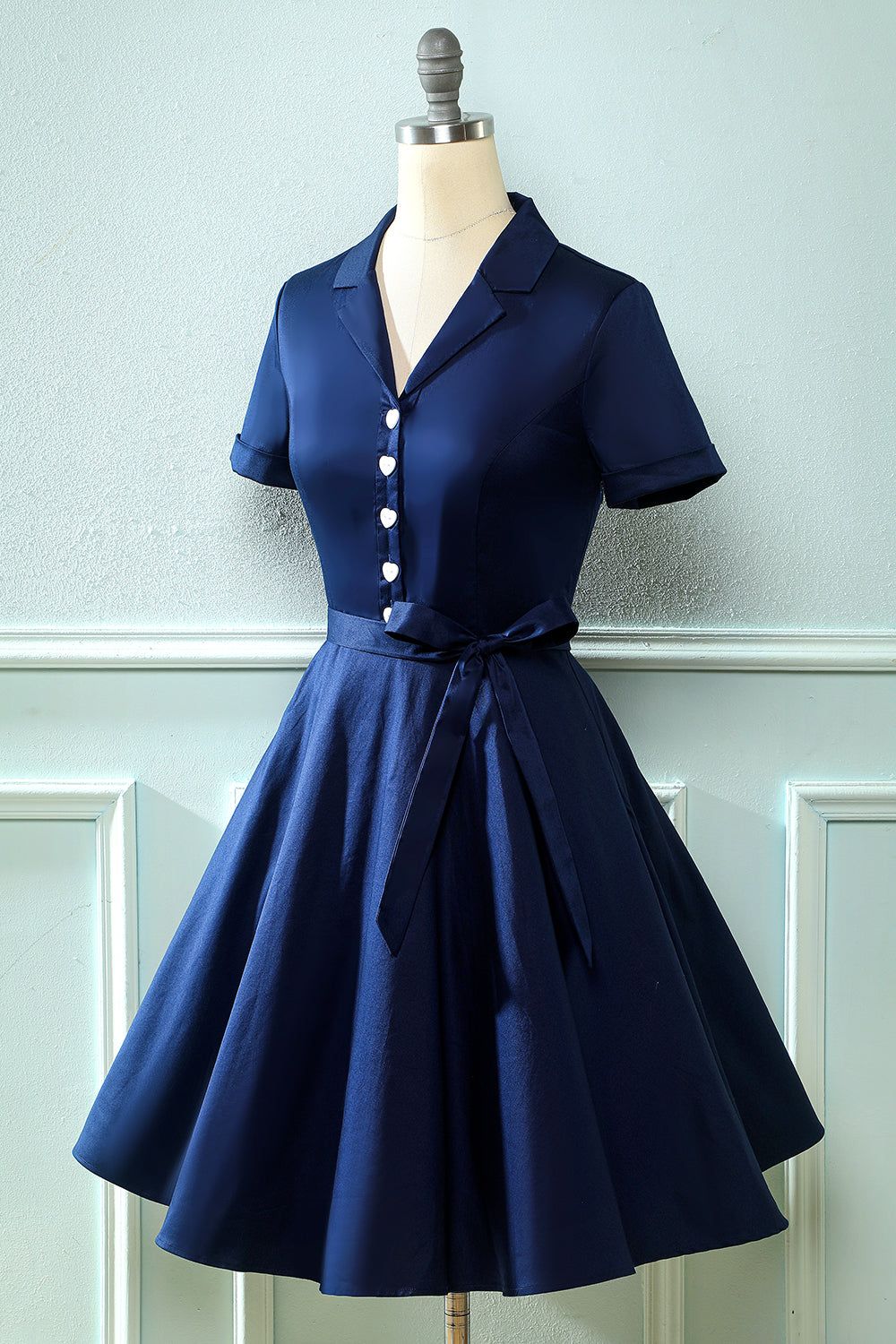 Navy V Neck 1950s Dress with Bowknot sold by Zapaka product image thumbnail 3
