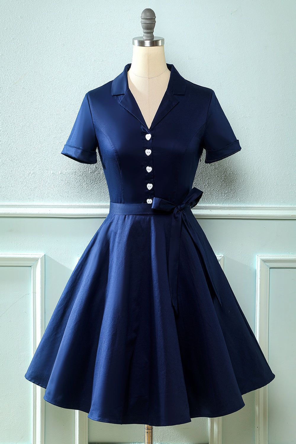 Navy V Neck 1950s Dress with Bowknot sold by Zapaka