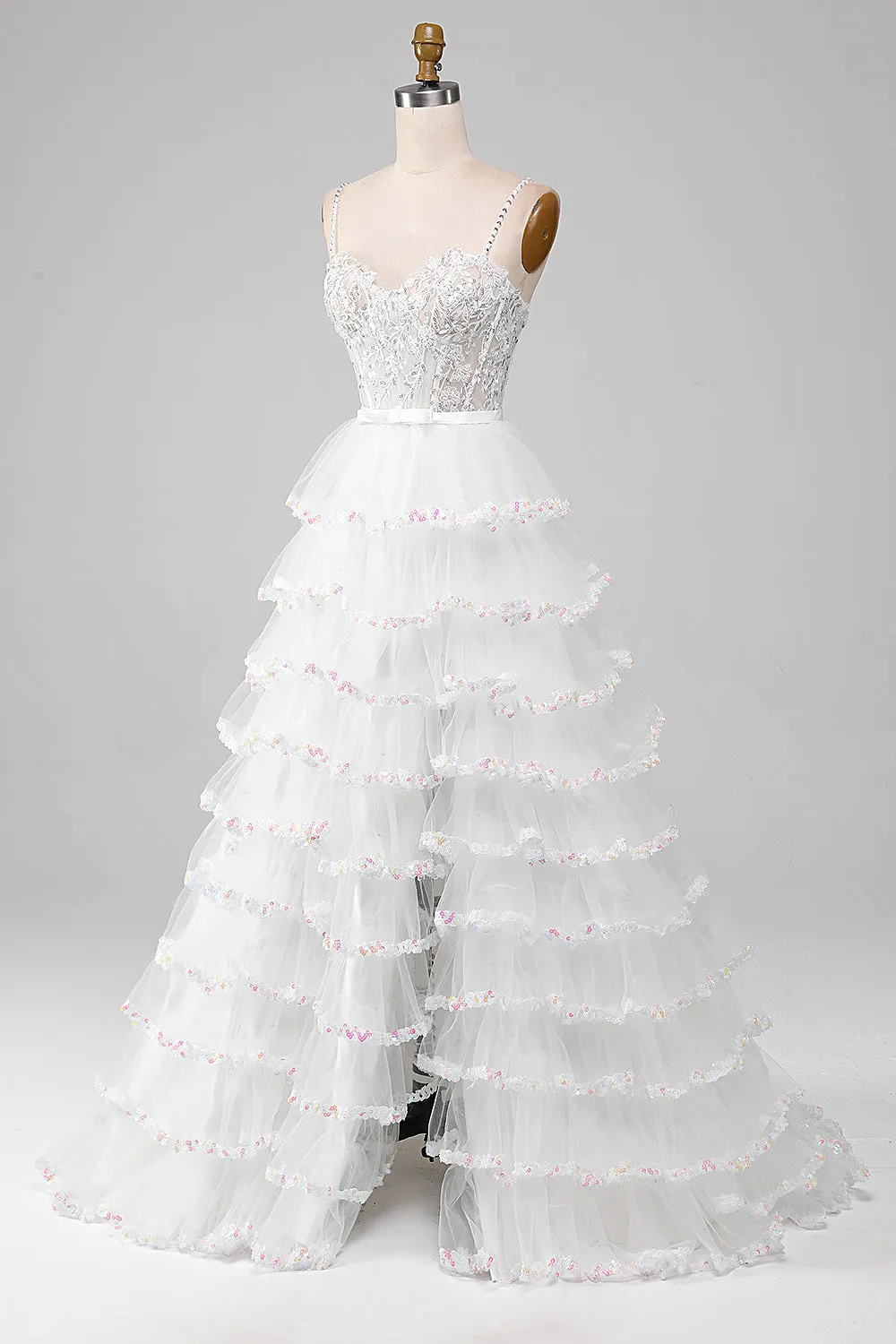 White A-Line Sparkly Sequin Ruffle Skirt Corset Wedding Dress With Slit sold by Zapaka product image thumbnail 3