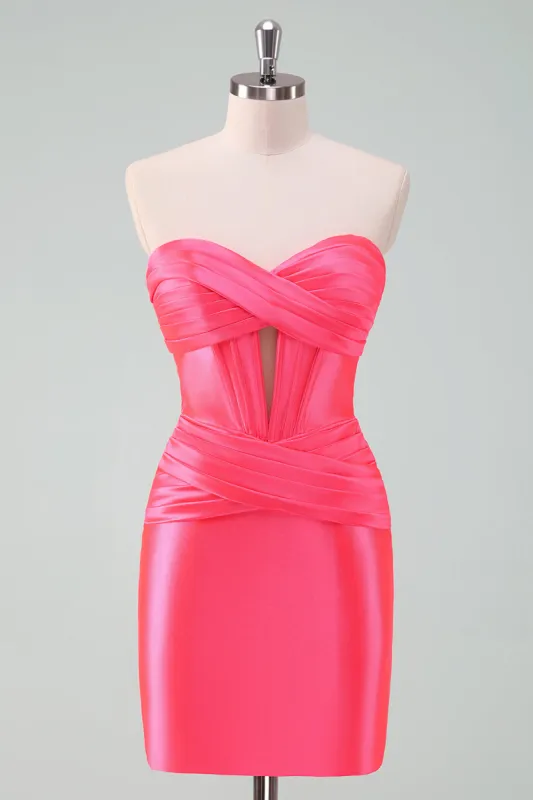 Hot Pink Bodycon Sweetheart Satin Corset Short Homecoming Dress made by Zapaka