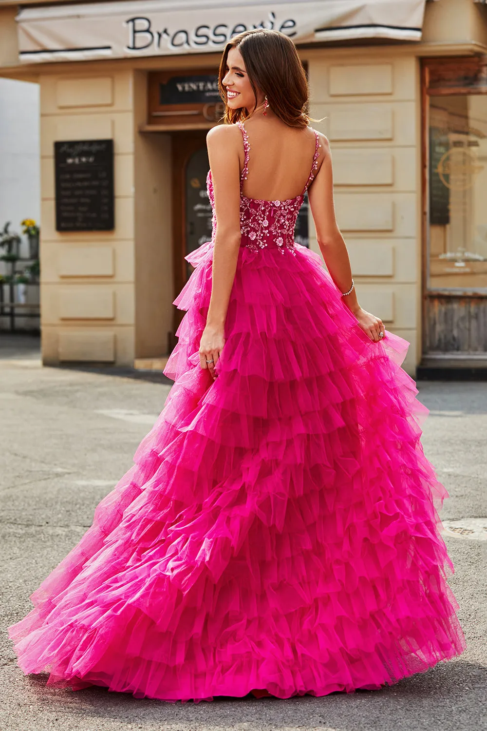 Gorgeous A Line Spaghetti Straps Fuchsia Long Prom Dress with Appliques Ruffles sold by Zapaka product image thumbnail 2