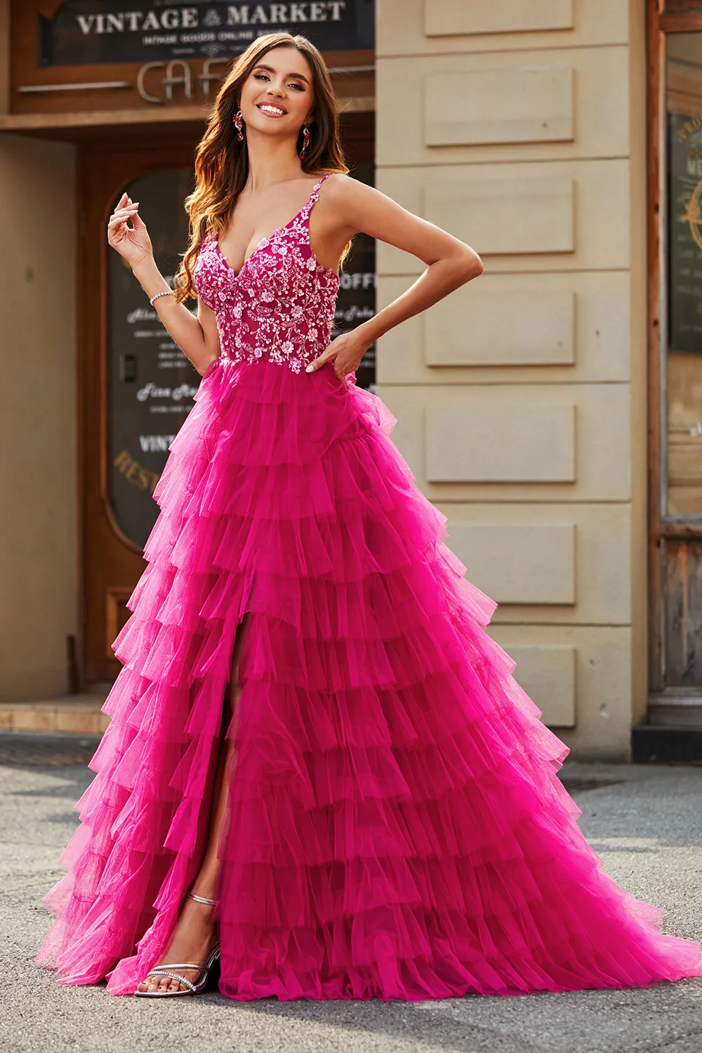 Gorgeous A Line Spaghetti Straps Fuchsia Long Prom Dress with Appliques Ruffles sold by Zapaka product image thumbnail 4