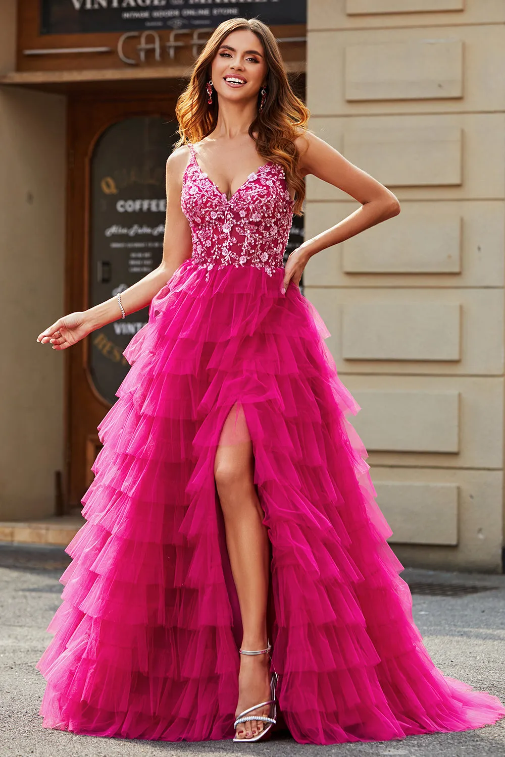 Gorgeous A Line Spaghetti Straps Fuchsia Long Prom Dress with Appliques Ruffles sold by Zapaka