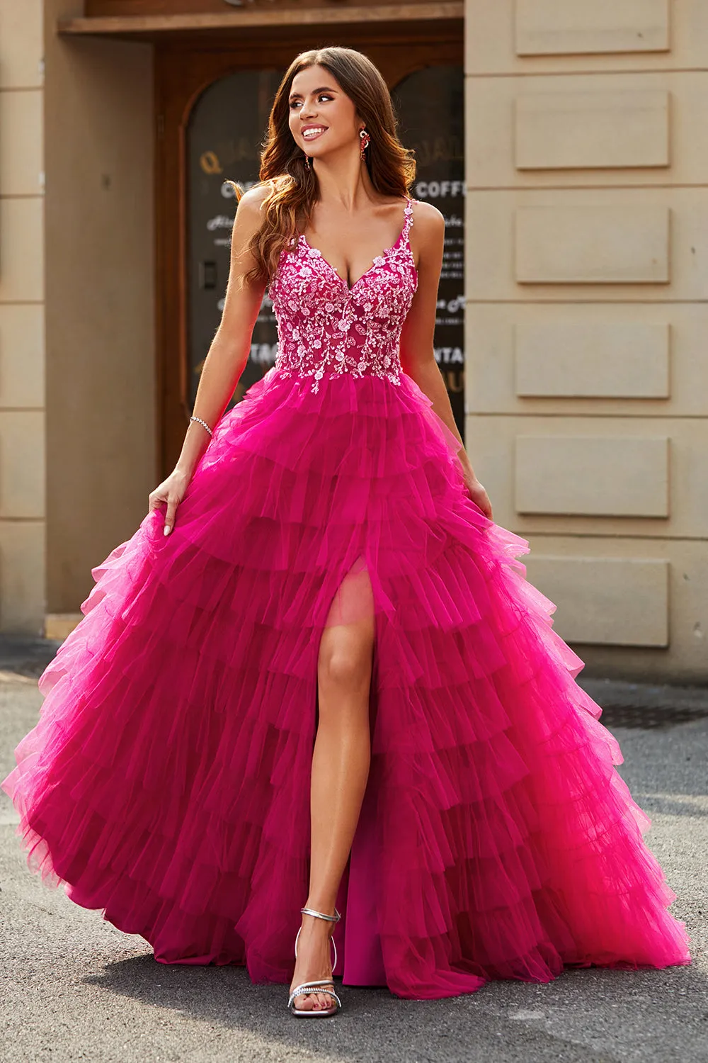 Gorgeous A Line Spaghetti Straps Fuchsia Long Prom Dress with Appliques Ruffles sold by Zapaka product image thumbnail 3