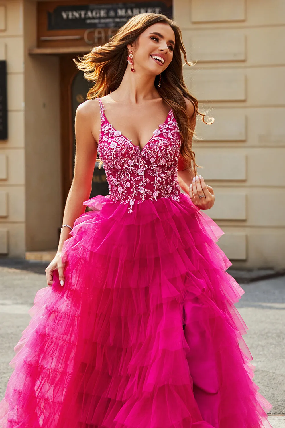 Gorgeous A Line Spaghetti Straps Fuchsia Long Prom Dress with Appliques Ruffles sold by Zapaka product image thumbnail 5