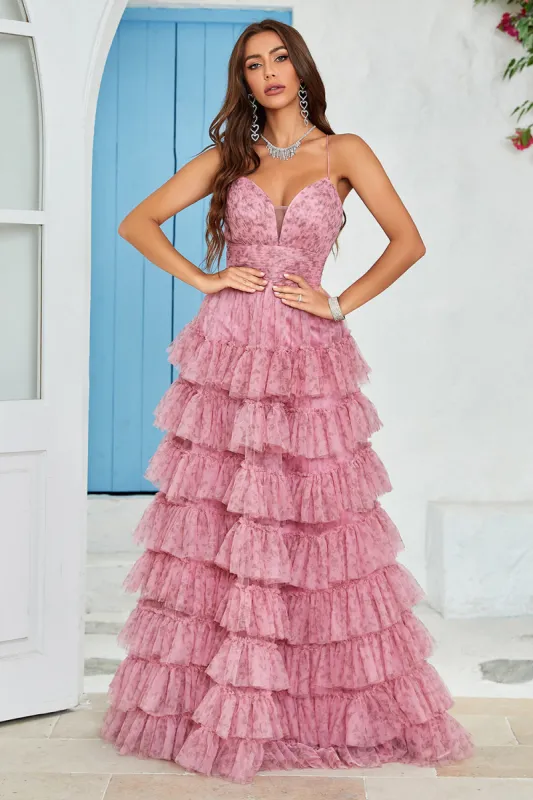 Spaghetti Straps Layered Tulle Prom Dress with Floral Printed sold by Zapaka