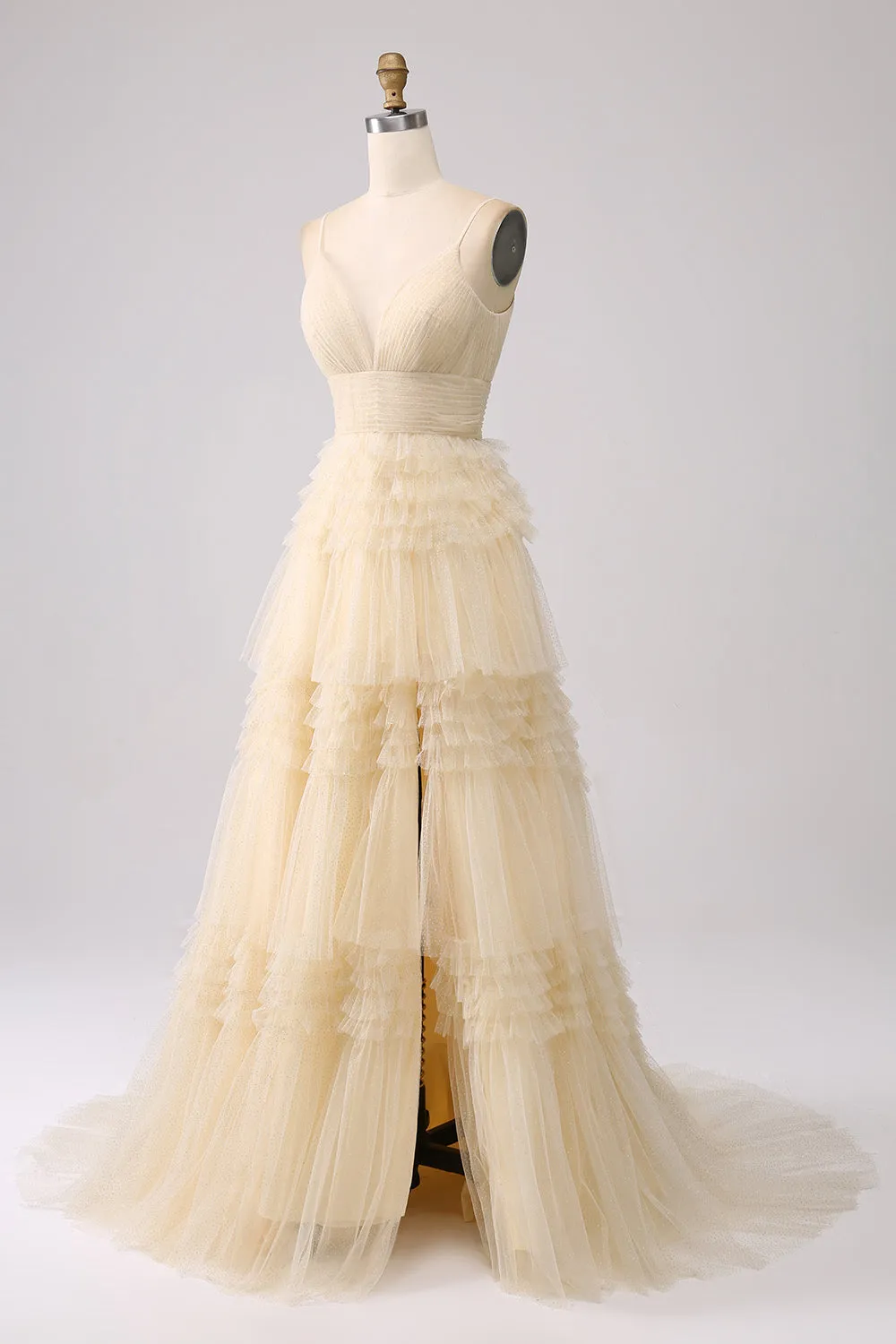 Beige A Line Spaghetti Straps Long Prom Dress with Ruffles sold by Zapaka product image thumbnail 3