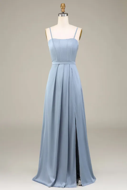 Dusty Blue A-Line Spaghetti Straps Satin Long Bridesmaid Dress sold by Zapaka