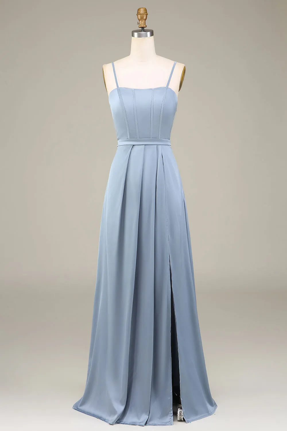 Dusty Blue A-Line Spaghetti Straps Satin Long Bridesmaid Dress sold by Zapaka