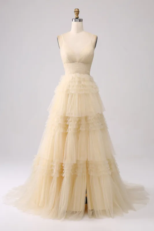 Beige A Line Spaghetti Straps Long Prom Dress with Ruffles sold by Zapaka