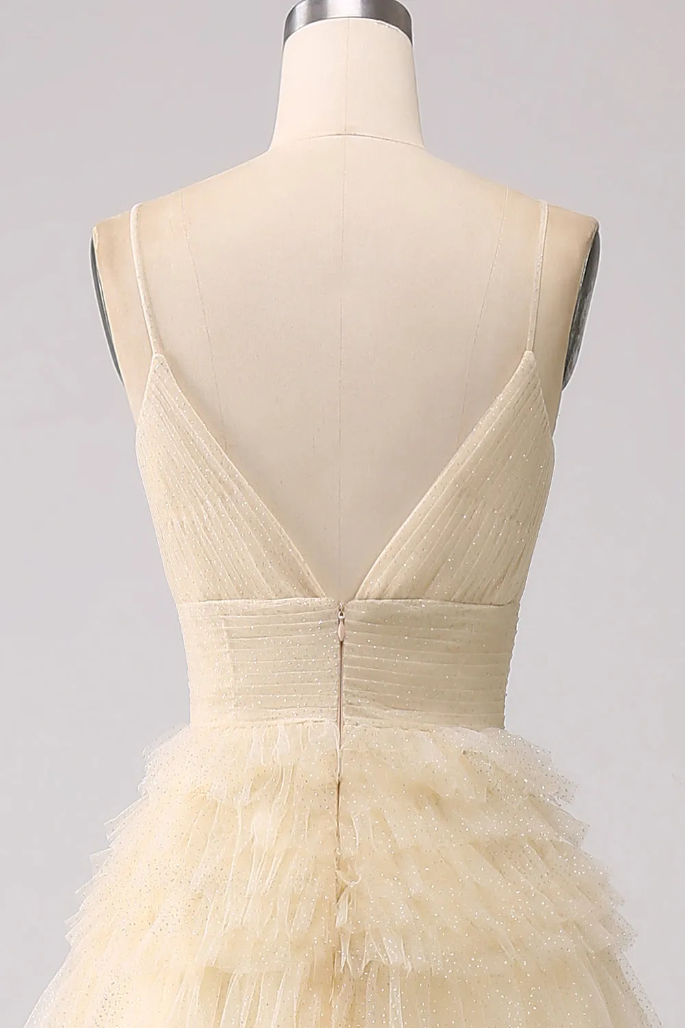 Beige A Line Spaghetti Straps Long Prom Dress with Ruffles sold by Zapaka product image thumbnail 5